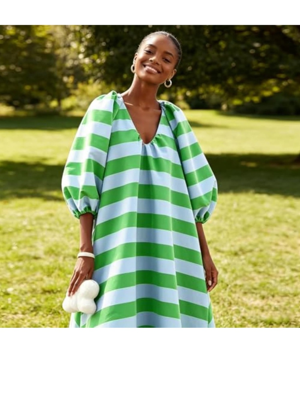 Amazon Green and White Striped Maxi Nightgown with Puff Sleeves